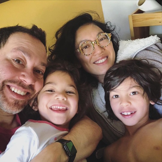 Image of Sam Riegel with his wife, Quyen Tran, and their kids, Maximus and Kestrel