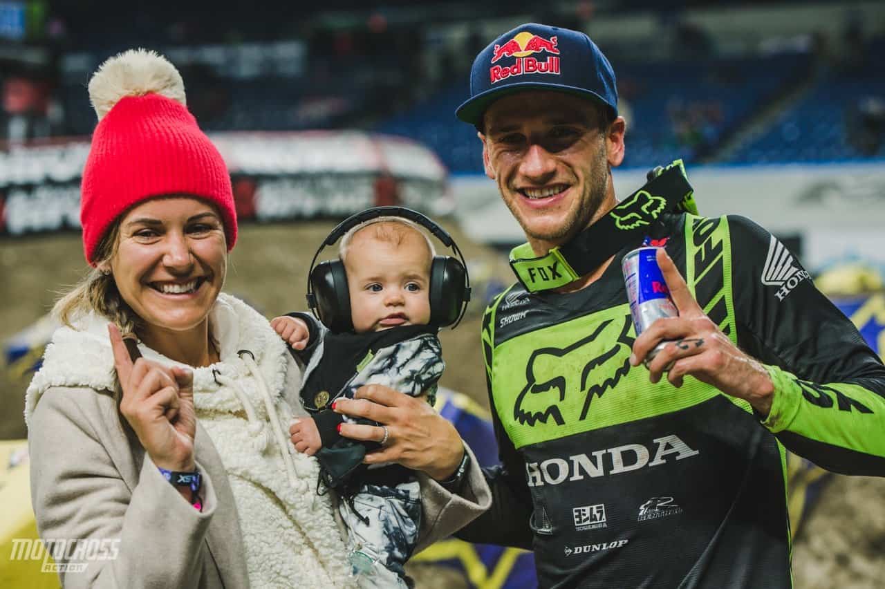 Image of Ken Roczen with his wife, Courtney Savage, and their son, Griffin Savage Roczen